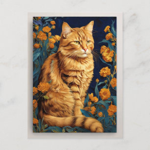 Vintage Brown Cat Botanical Blue Portrait Van Gogh Postcard