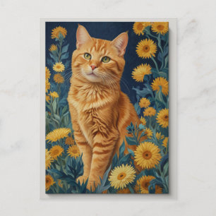 Vintage Brown Cat Botanical Blue Portrait Van Gogh Postcard