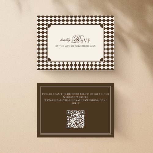 Vintage Brown Checkered Old Money QR Code Wedding RSVP Card