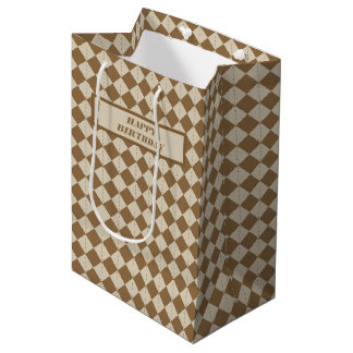 Vintage Brown Checkered Pattern Happy Birthday Medium Gift Bag