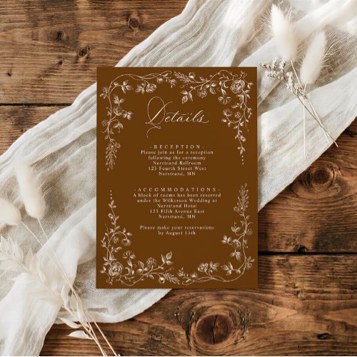 Vintage Brown Cream French Floral Wedding Details Enclosure Card