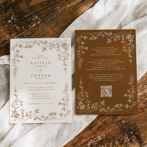 Vintage Brown & Cream French Floral Wedding Invitation