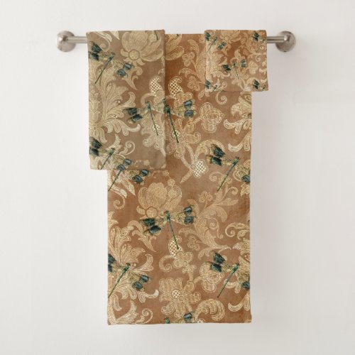 Vintage Brown Damask Floral Green Dragonflies Bath Towel Set