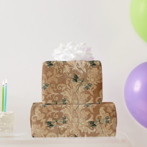 Vintage Brown Damask Floral Green Dragonflies Wrapping Paper