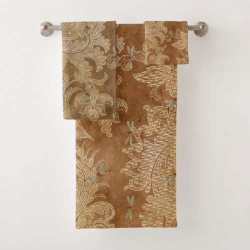 Vintage Brown Damask Floral Teal Dragonflies Bath Towel Set