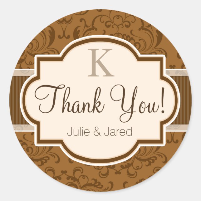 Vintage Brown Damask Thank You Classic Round Sticker (Front)