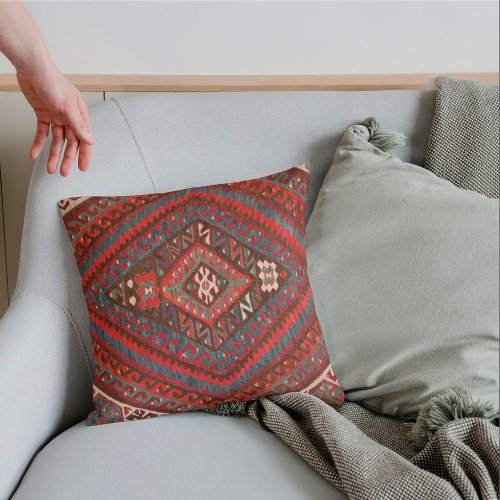 Vintage Brown Dark Coral Turkish Kilim Rug  Throw Pillow