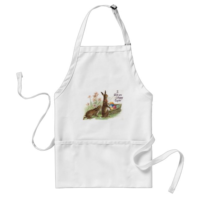 Vintage Brown Easter Rabbits Eggs in Basket, ZSSG Adult Apron (Front)