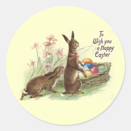 Vintage Brown Easter Rabbits Eggs in Basket ZSSG Classic Round Sticker