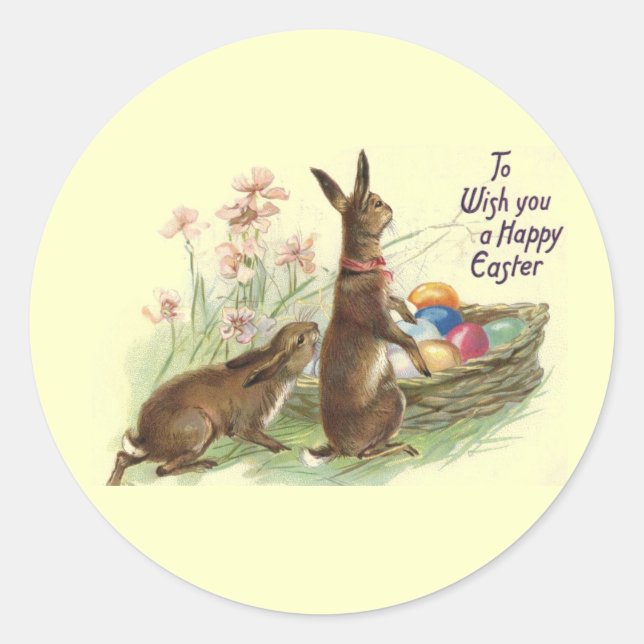 Vintage Brown Easter Rabbits Eggs in Basket, ZSSG Classic Round Sticker (Front)