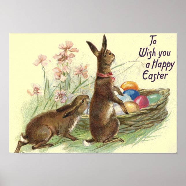 Vintage Brown Easter Rabbits Eggs in Basket, ZSSG Poster (Front)