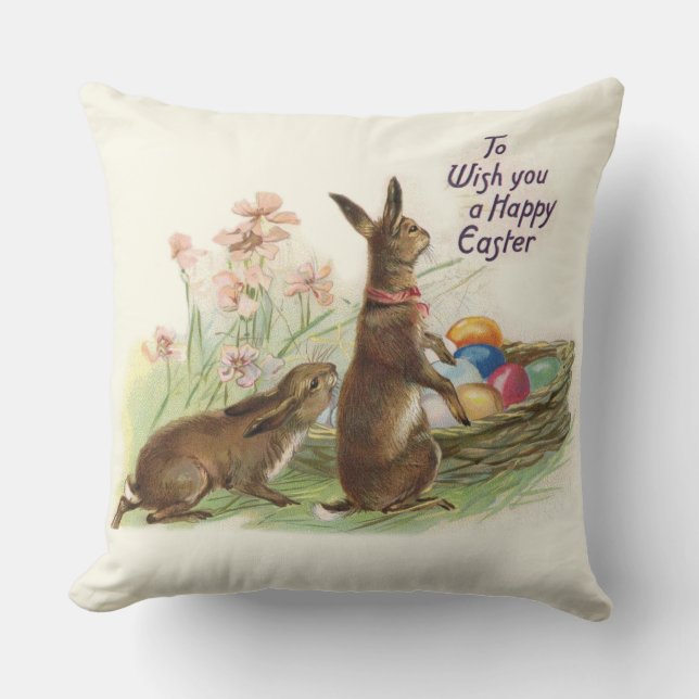Vintage Brown Easter Rabbits Eggs in Basket, ZSSG Throw Pillow (Front)