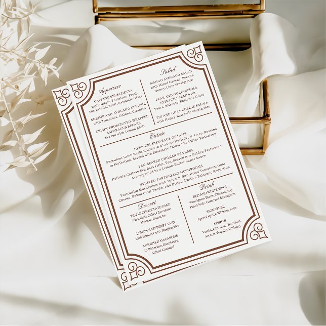 Vintage Brown & Ecru Classic Script Wedding Menu Invitation (Creator Uploaded)