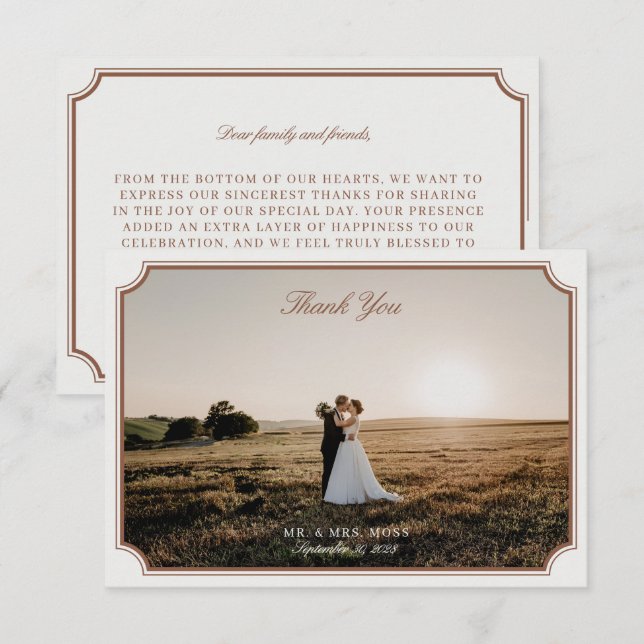 Vintage Brown & Ecru Wedding Photo Thank You Card (Front/Back)