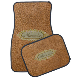 Vintage Brown Faux Leather With Golden Custom Name Car Floor Mat