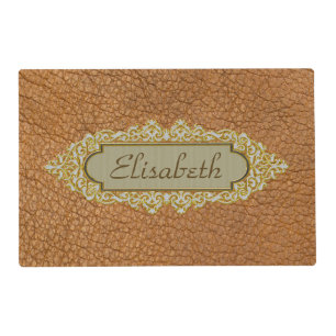 Vintage Brown Faux Leather With Golden Custom Name Placemat