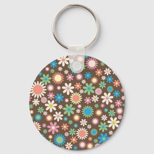 Vintage brown floral daisy retro Spring flowers Keychain