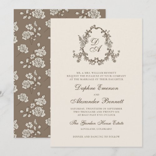 Vintage Brown Floral Monogrammed Crest Wedding Invitation
