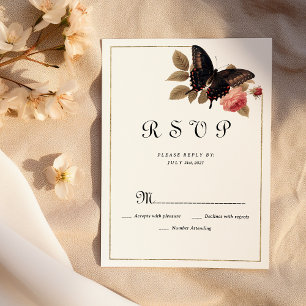 Vintage brown gold pink butterfly floral RSVP Invitation