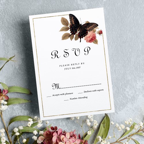 Vintage brown gold pink butterfly floral RSVP Invitation