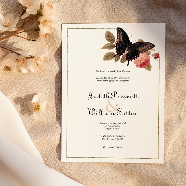Vintage brown gold pink butterfly floral wedding invitation (Vintage brown gold pink butterfly floral wedding)