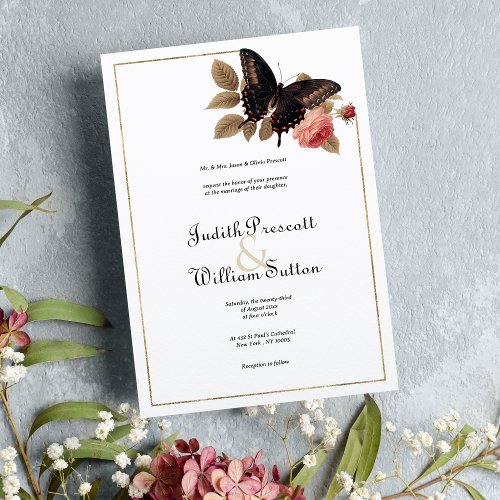 Vintage brown gold pink butterfly floral wedding invitation