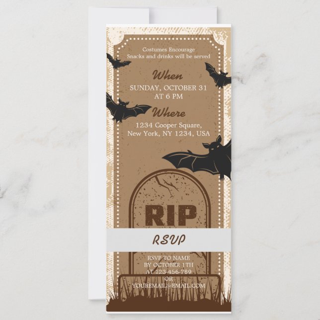 Vintage Brown Halloween Bat Party Ticket  (Front)