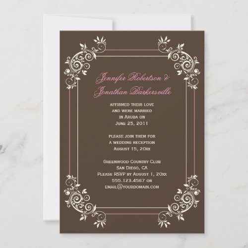 Vintage Brown Ivory Pink Swirls Post Wedding Custom Invitation