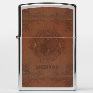 Vintage brown leather embossed horse head zippo lighter