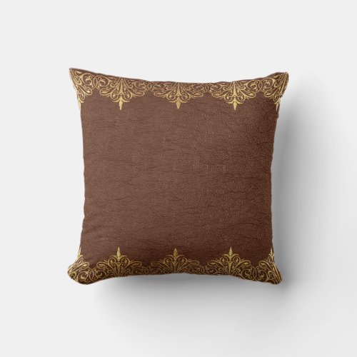 Vintage Brown Leather Gold Frame Throw Pillow