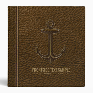 Vintage Brown Leather, Nautical Anchor Gold Accent 3 Ring Binder