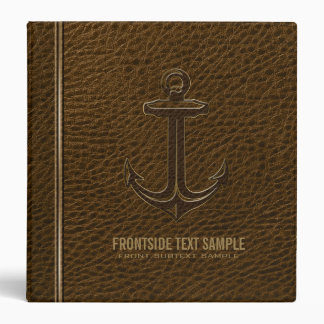 Vintage Brown Leather, Nautical Anchor Gold Accent 3 Ring Binder