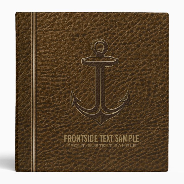 Vintage Brown Leather, Nautical Anchor Gold Accent 3 Ring Binder (Front)