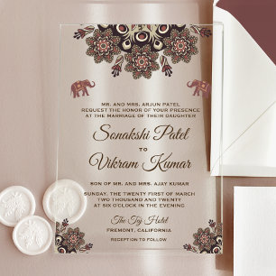 Vintage Brown Motif Indian Wedding Acrylic Invitations