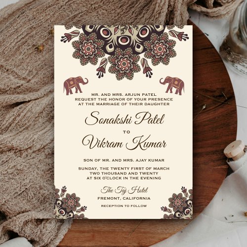 Vintage Brown Motif Indian Wedding Invitation