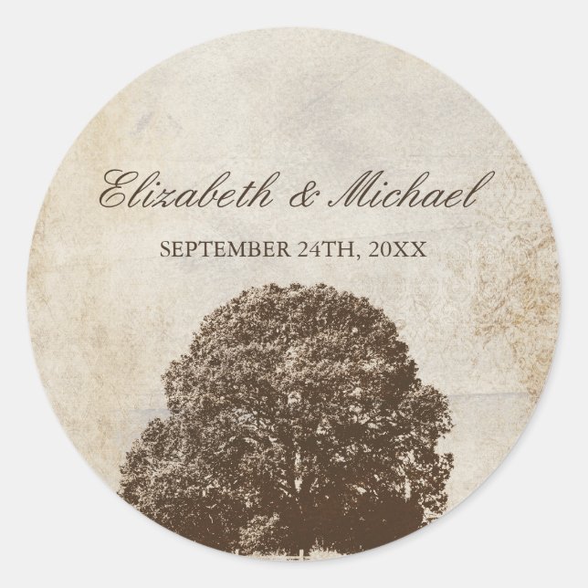 Vintage Brown Oak Tree Fall Wedding Favor Label (Front)