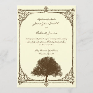 Vintage Brown Oak Tree on Cream Wedding Invitation