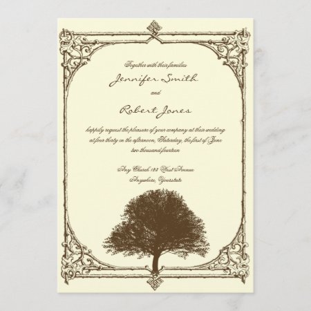Vintage Brown Oak Tree On Cream Wedding Invitation