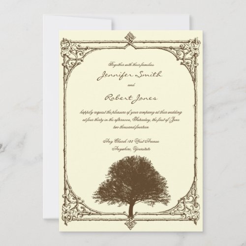 Vintage Brown Oak Tree on Cream Wedding Invitation