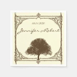 Vintage Brown Oak Tree on Cream Wedding Napkins