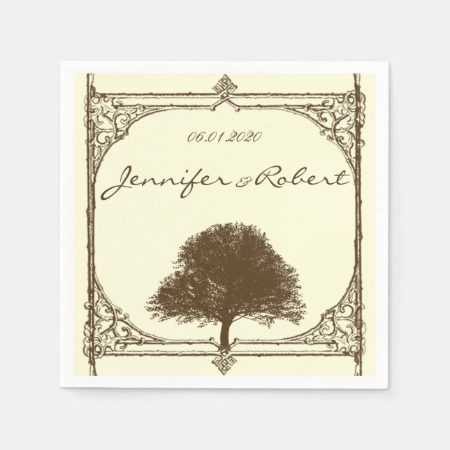 Vintage Brown Oak Tree on Cream Wedding Napkins (Front)