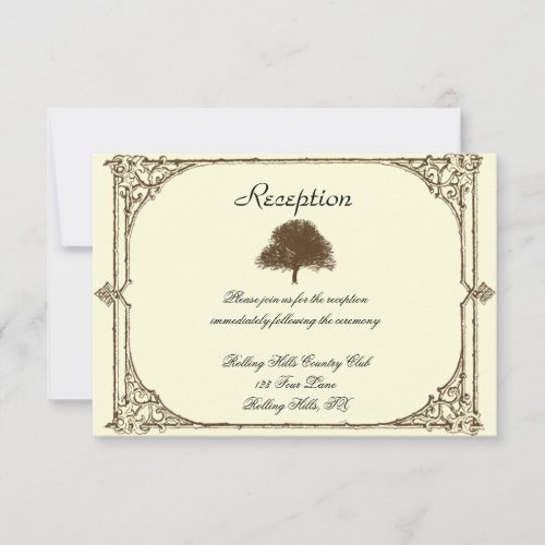 Vintage Brown Oak Tree on Cream Wedding Reception Invitation