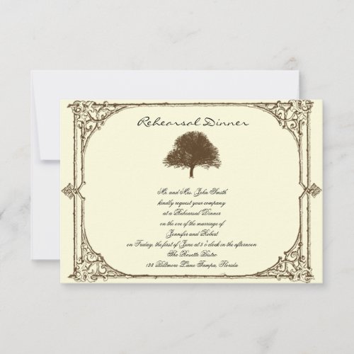 Vintage Brown Oak Tree on Cream Wedding Rehearsal Invitation