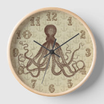 Vintage Brown Octopus Anchors Nautical Beach House Wall Clock