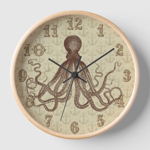 Vintage Brown Octopus Anchors Nautical Beach House Wall Clock