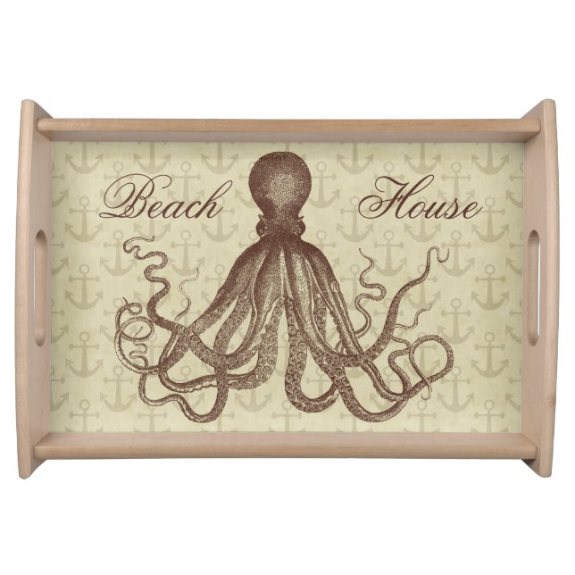 Vintage Brown Octopus with Anchors Serving Tray (Front)
