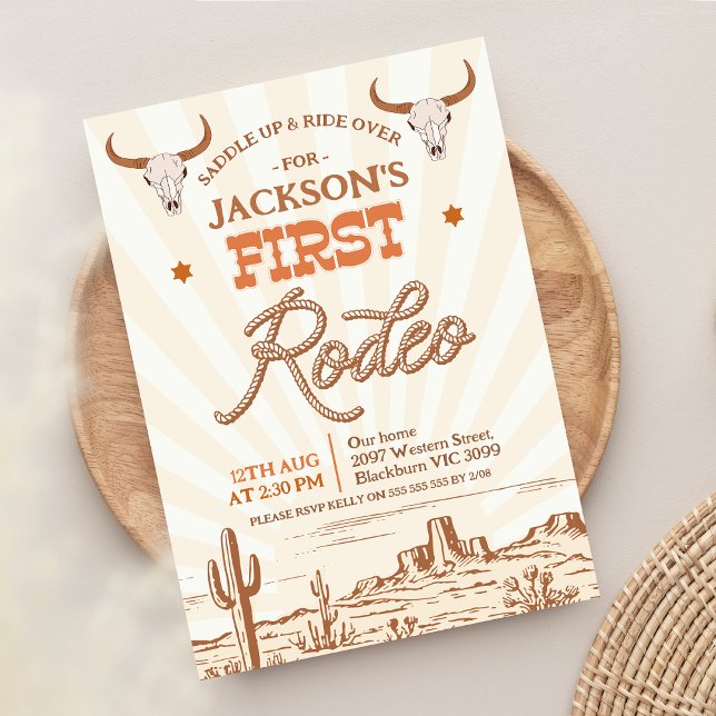 Vintage Brown Orange 1st Rodeo Birthday Invitation (Vintage First Rodeo 1st Birthday Invitation Boy, 1st Rodeo Birthday Invitation Western Cowboy Invite)