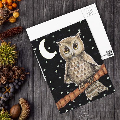 Vintage Brown Owl Necklace Crescent Moon Stars Postcard