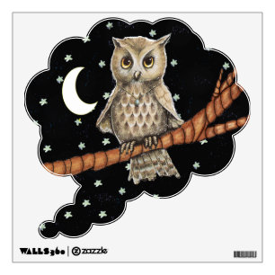 Vintage Brown Owl Necklace Crescent Moon Stars Wall Decal