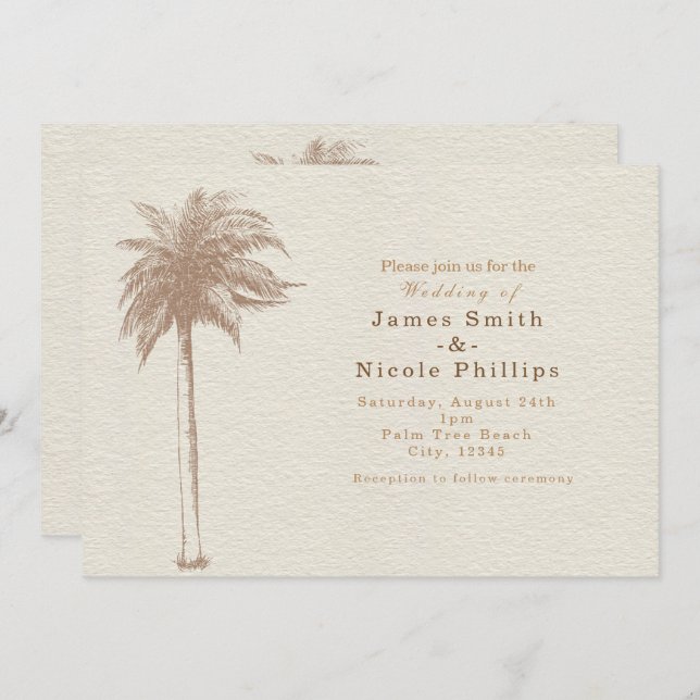Vintage Brown Palm Tree Beach Wedding Invitations (Front/Back)